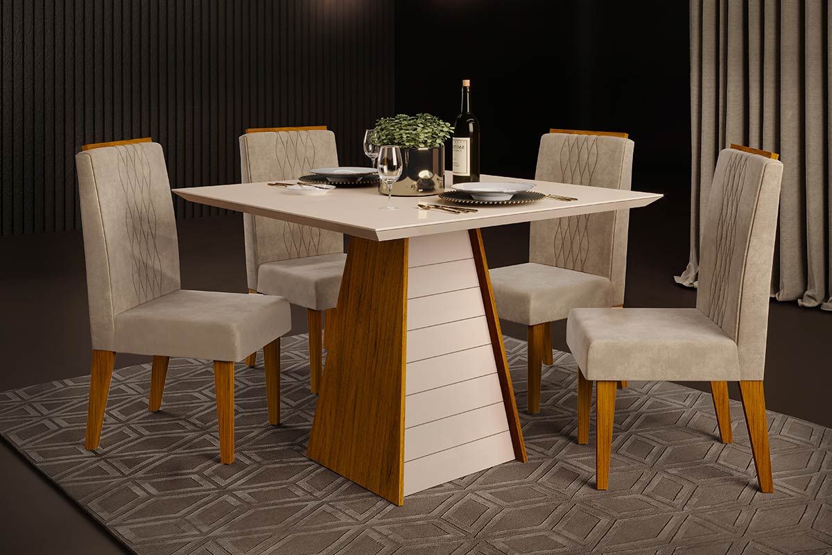 Sala de Jantar Completa Fler c/ Tampo Madeirado c/ Vidro 90x90cm e 4 Cadeiras Lia - DJ Móveis