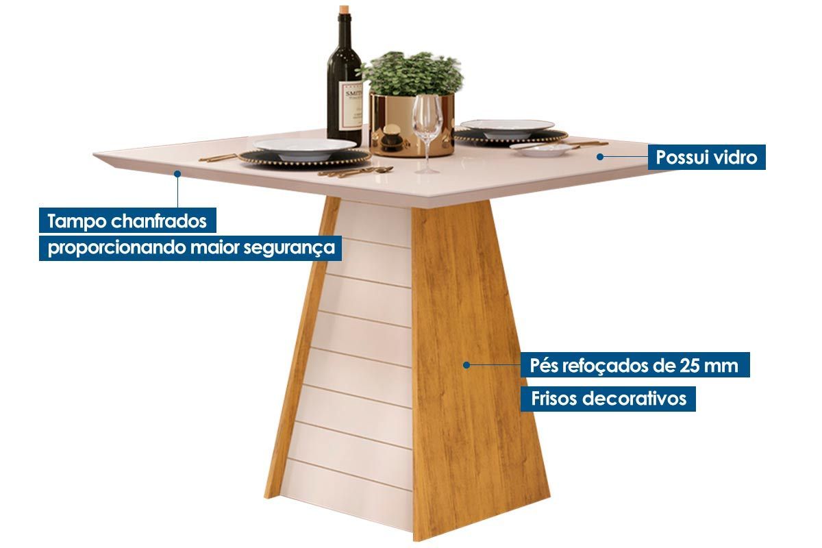 Sala de Jantar Completa Fler c/ Tampo Madeirado c/ Vidro 90x90cm e 4 Cadeiras Suzy - DJ Móveis