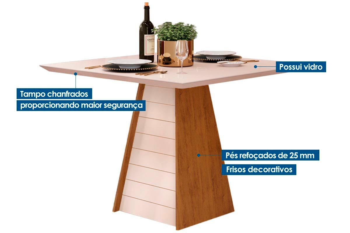 Sala de Jantar Completa Fler c/ Tampo Madeirado c/ Vidro 90x90cm e 4 Cadeiras Talia - DJ Móveis