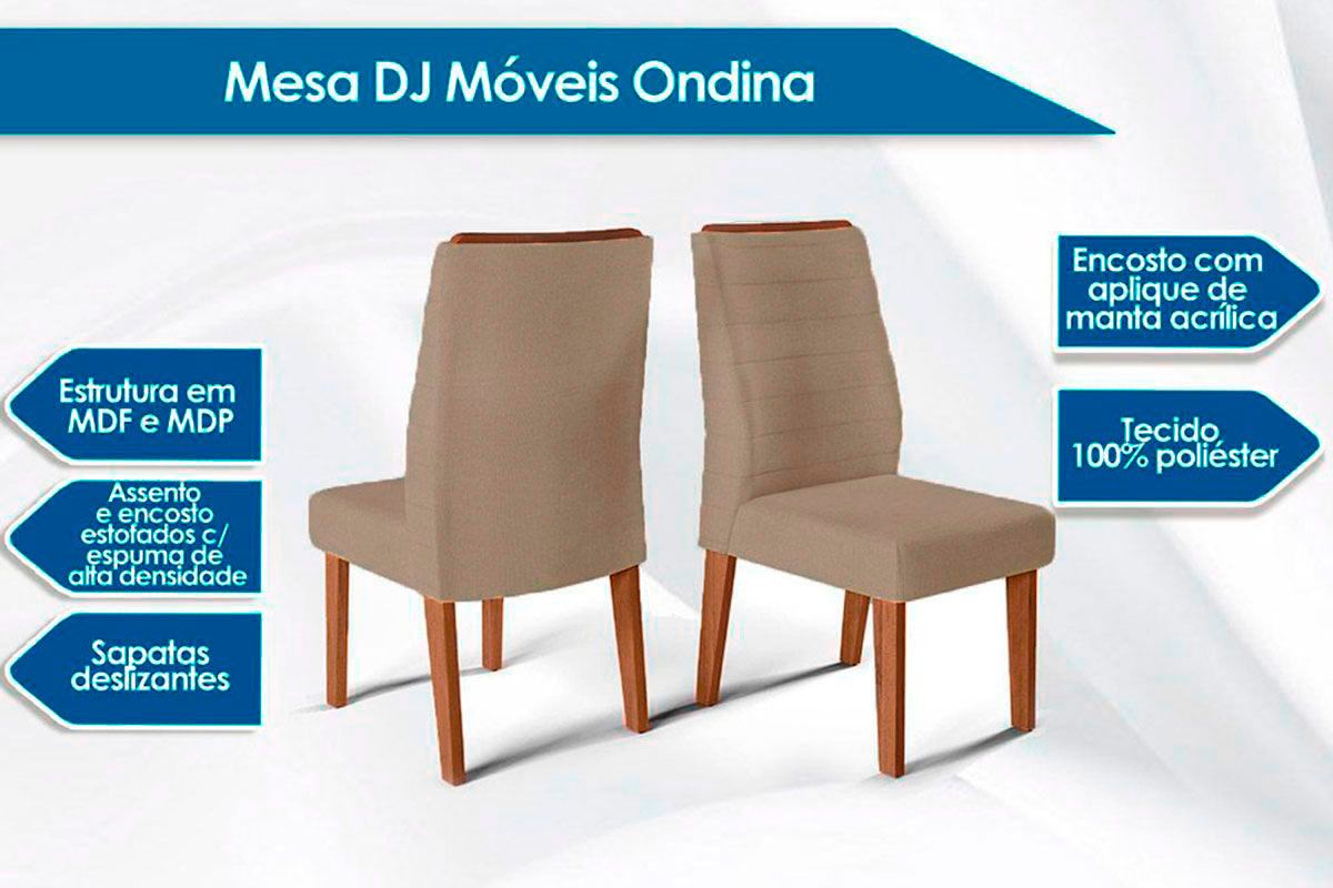 Sala de Jantar Completa Dulce c/ Tampo Madeirado c/ Vidro Reto 180x90cm e 6 Cadeiras Ondina - DJ Móveis