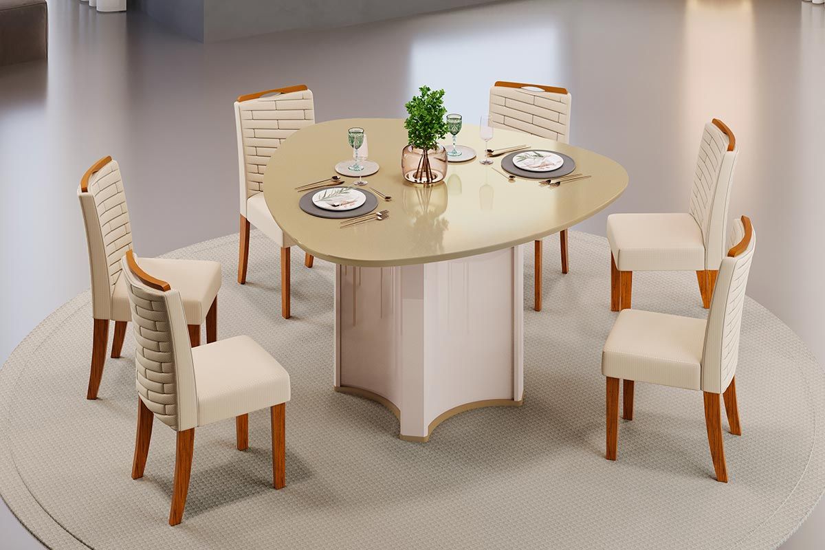 Sala de Jantar Completa Chanel c/ Tampo Madeirado c/ Vidro Orgânico 136x136cm e 6 Cadeiras Julia - DJ Móveis