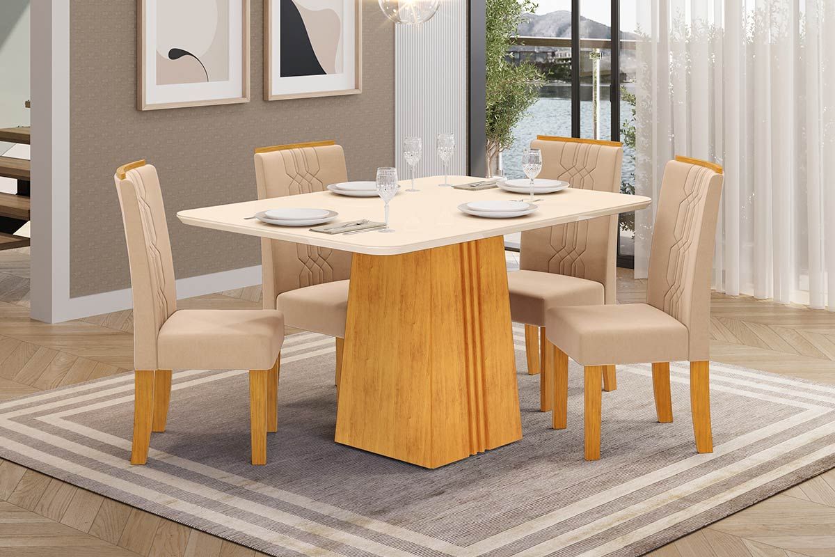 Sala de Jantar Completa Italia c/ Tampo Madeirado c/ Vidro 120x90cm e 4 Cadeiras Zoe - DJ Móveis