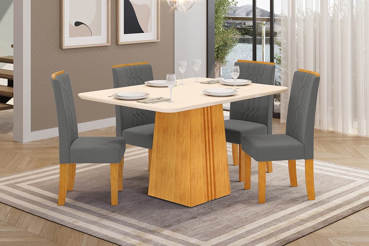 Sala de Jantar Completa Italia c/ Tampo Madeirado c/ Vidro 120x90cm e 4 Cadeiras Zoe - DJ Móveis