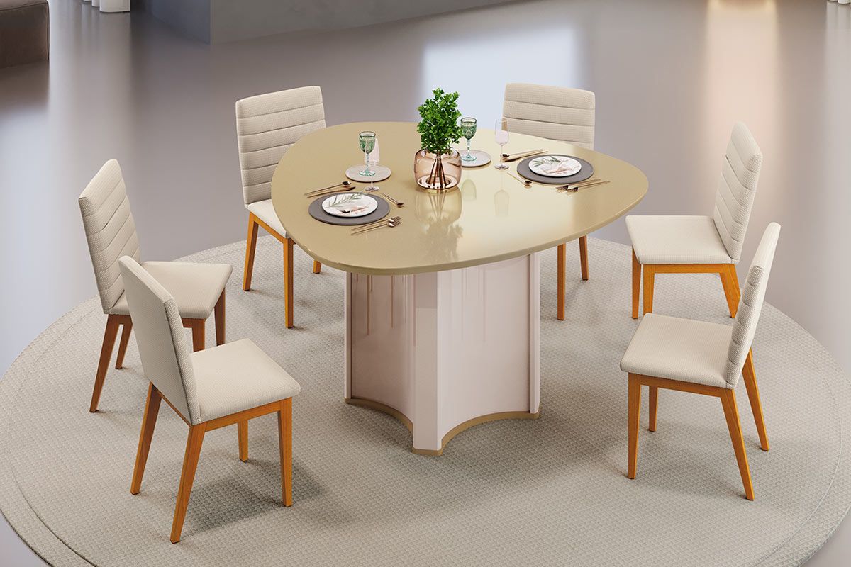 Sala de Jantar Completa Chanel c/ Tampo Madeirado c/ Vidro Orgânico 136x136cm e 6 Cadeiras Sofia - DJ Móveis