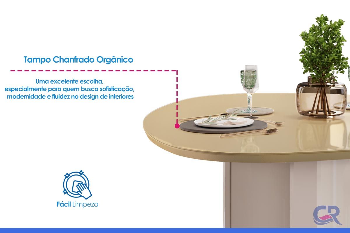 Sala de Jantar Completa Chanel c/ Tampo Madeirado c/ Vidro Orgânico 136x136cm e 6 Cadeiras Sofia - DJ Móveis