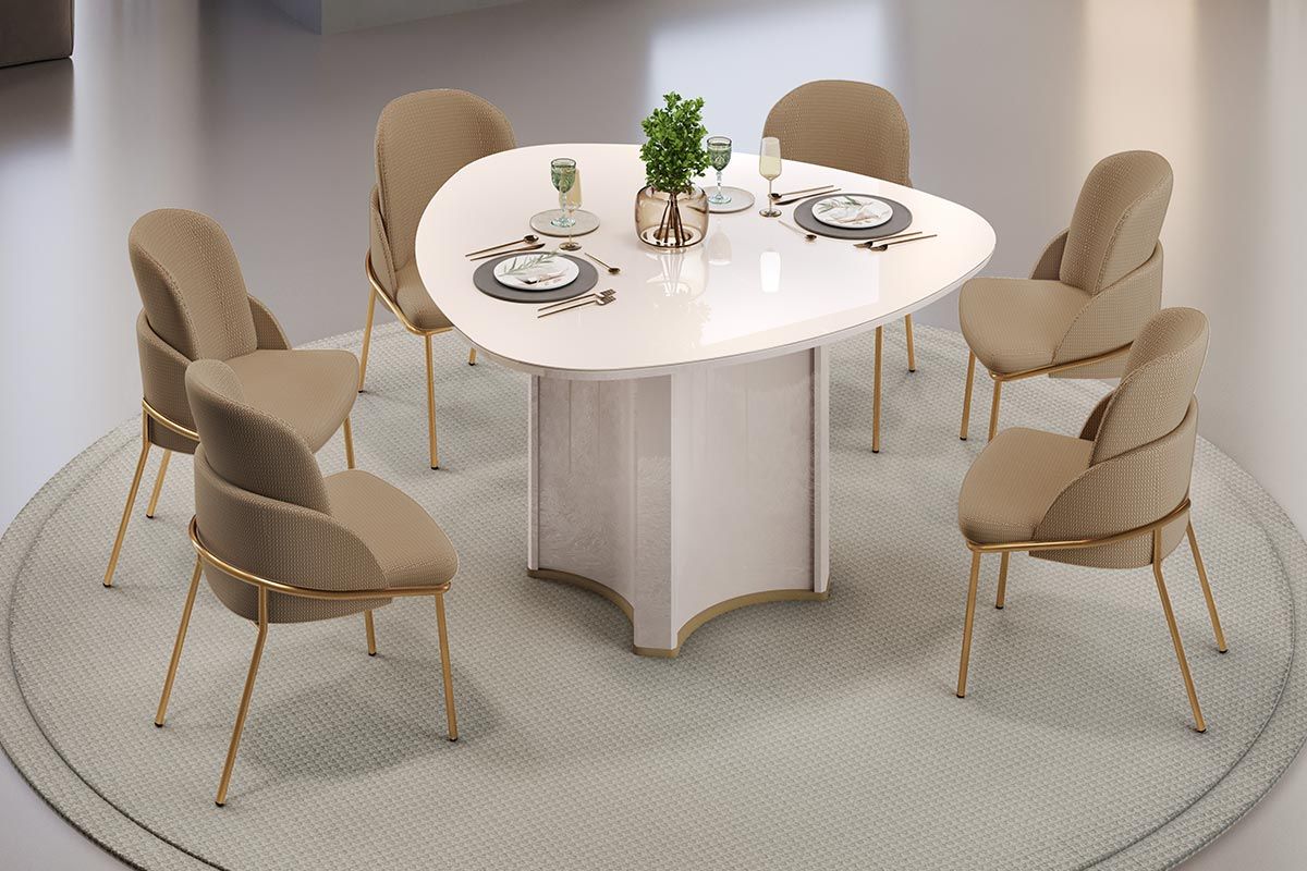 Sala de Jantar Completa Chanel c/ Tampo Madeirado c/ Vidro Orgânico 136x136cm e 6 Cadeiras Vitta - DJ Móveis