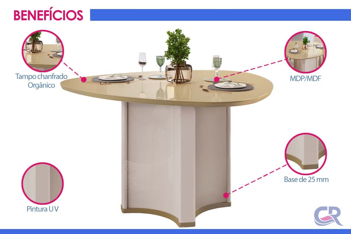 Sala de Jantar Completa Chanel c/ Tampo Madeirado c/ Vidro Orgânico 136x136cm e 6 Cadeiras Vitta - DJ Móveis