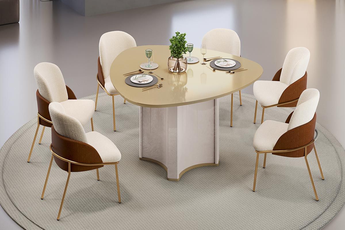Sala de Jantar Completa Chanel c/ Tampo Madeirado c/ Vidro Orgânico 136x136cm e 6 Cadeiras Vitta - DJ Móveis