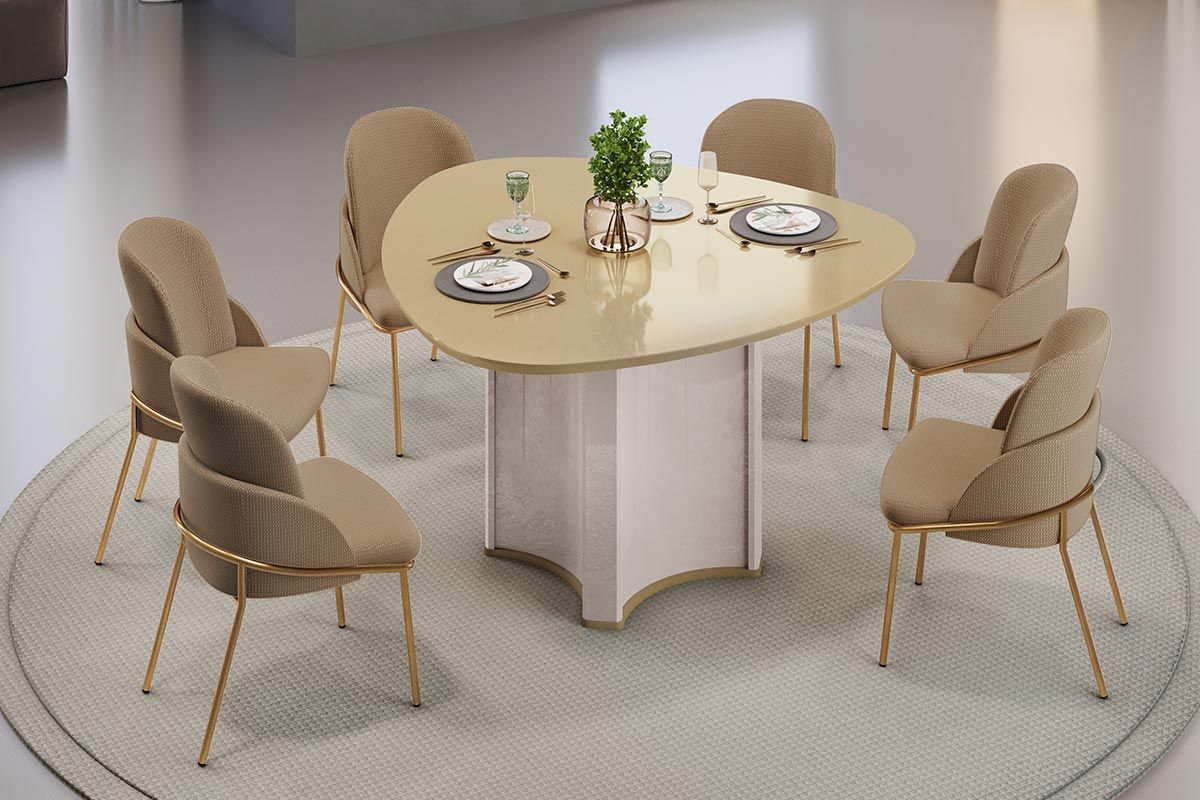 Sala de Jantar Completa Chanel c/ Tampo Madeirado c/ Vidro Orgânico 136x136cm e 6 Cadeiras Vitta - DJ Móveis