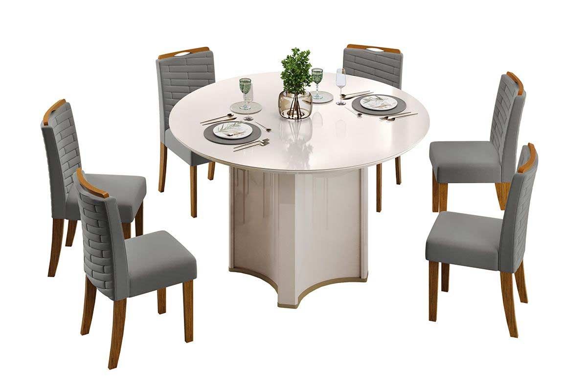 Sala de Jantar Completa Chanel c/ Tampo Madeirado c/ Vidro Redondo 136x136cm e 6 Cadeiras Julia - DJ Móveis