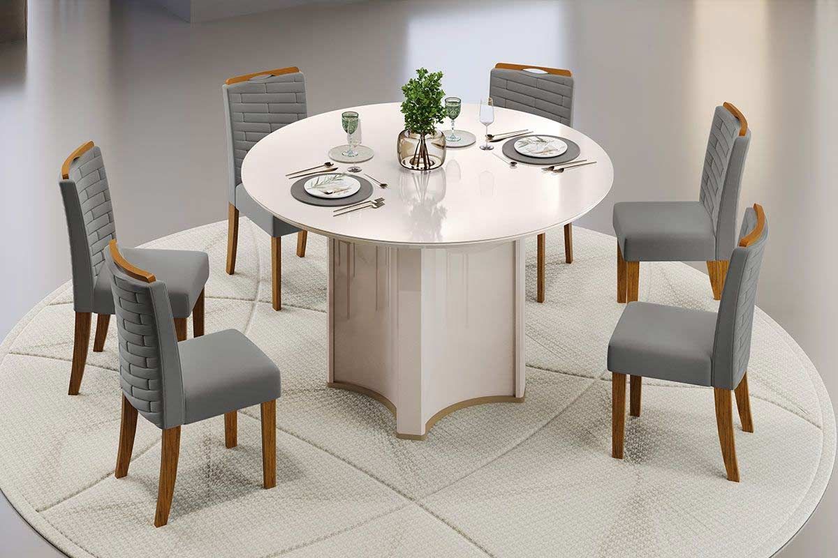 Sala de Jantar Completa Chanel c/ Tampo Madeirado c/ Vidro Redondo 136x136cm e 6 Cadeiras Julia - DJ Móveis