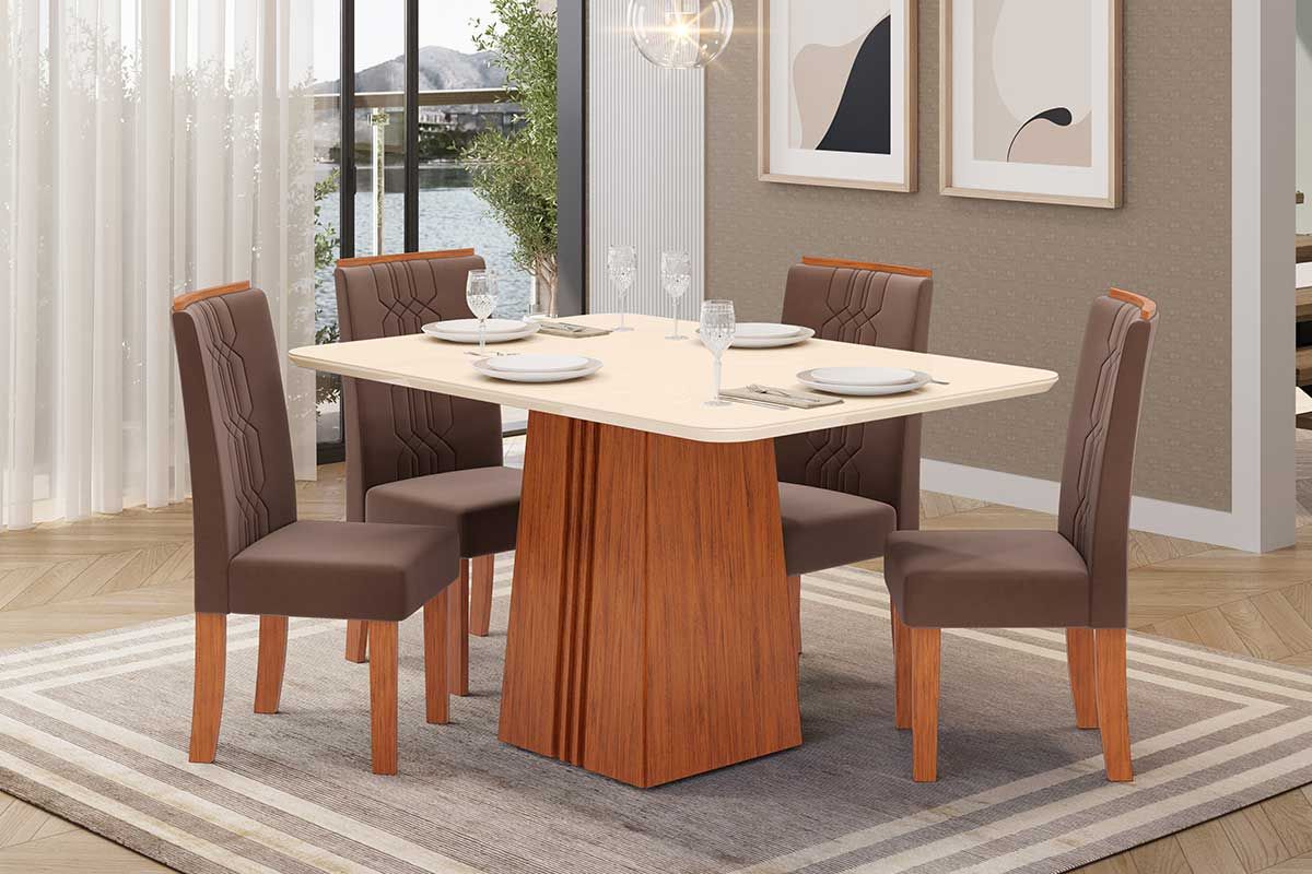 Sala de Jantar Completa Italia c/ Tampo Madeirado c/ Vidro 120x90cm e 4 Cadeiras Zoe - DJ Móveis