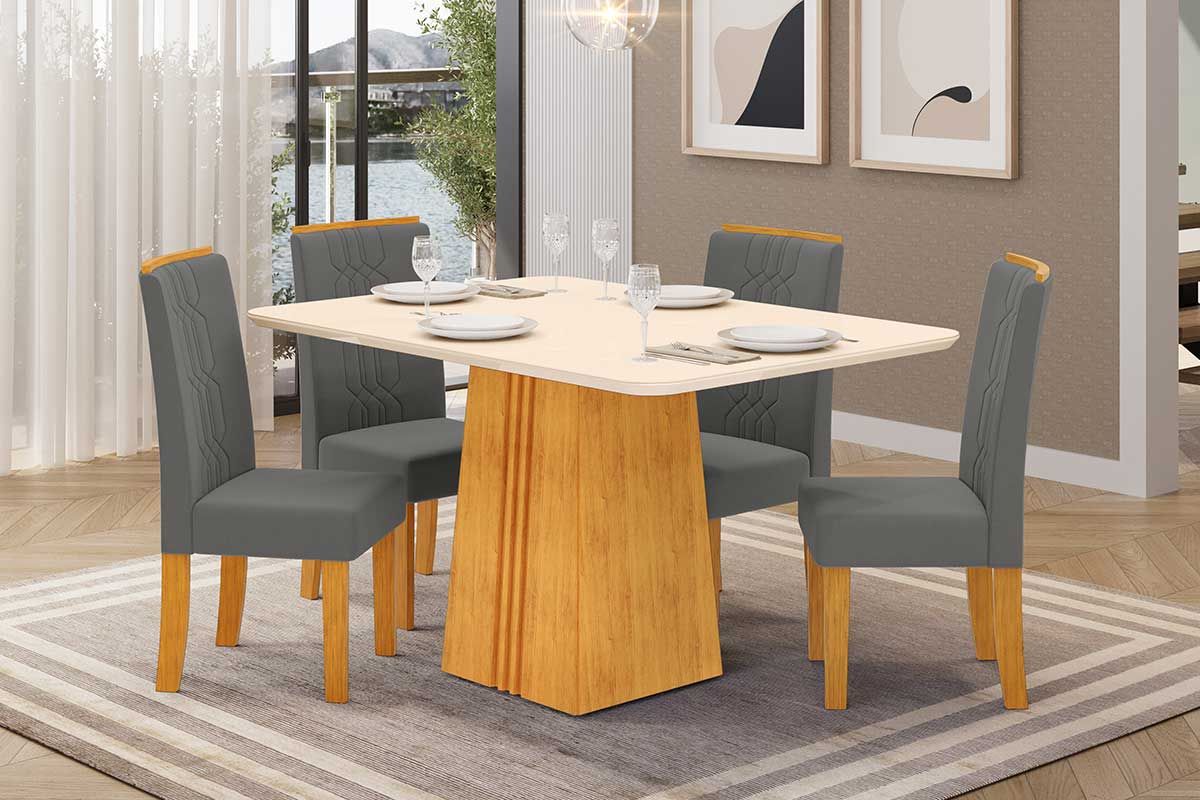 Sala de Jantar Completa Italia c/ Tampo Madeirado c/ Vidro 120x90cm e 4 Cadeiras Zoe - DJ Móveis