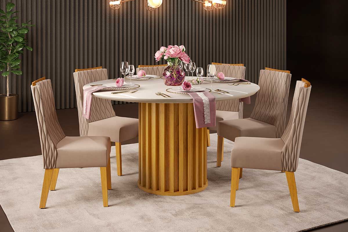 Sala de Jantar Completa Viena c/ Tampo Madeirado c/ Vidro 136x136cm e 6 Cadeiras Jade - DJ Móveis