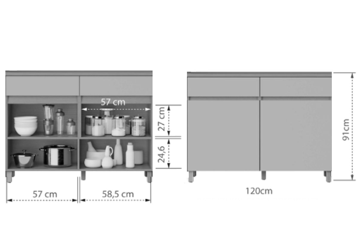 Balcão Cozinha Nesher Realeza c/2 Portas 2Gavs 120cm