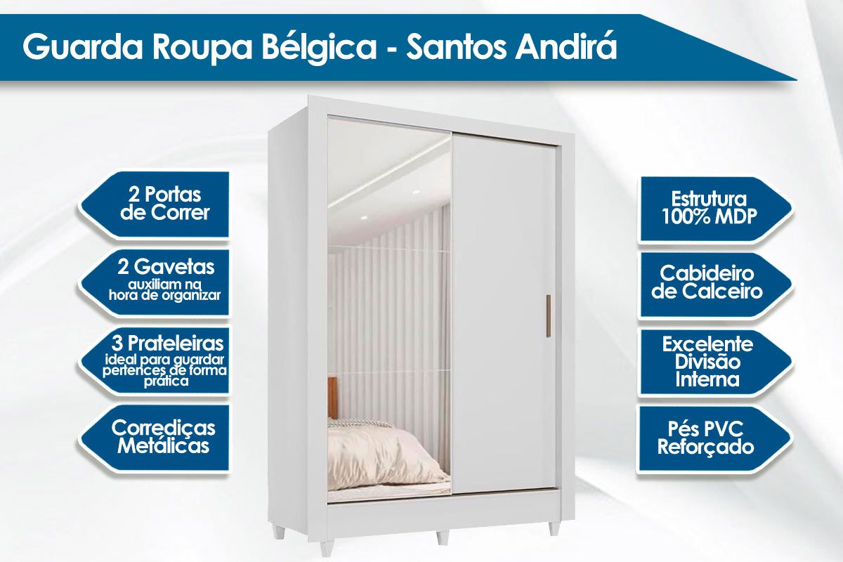 Guarda Roupa Solteiro Bélgica 2 Portas c/Espelho S. Andirá
