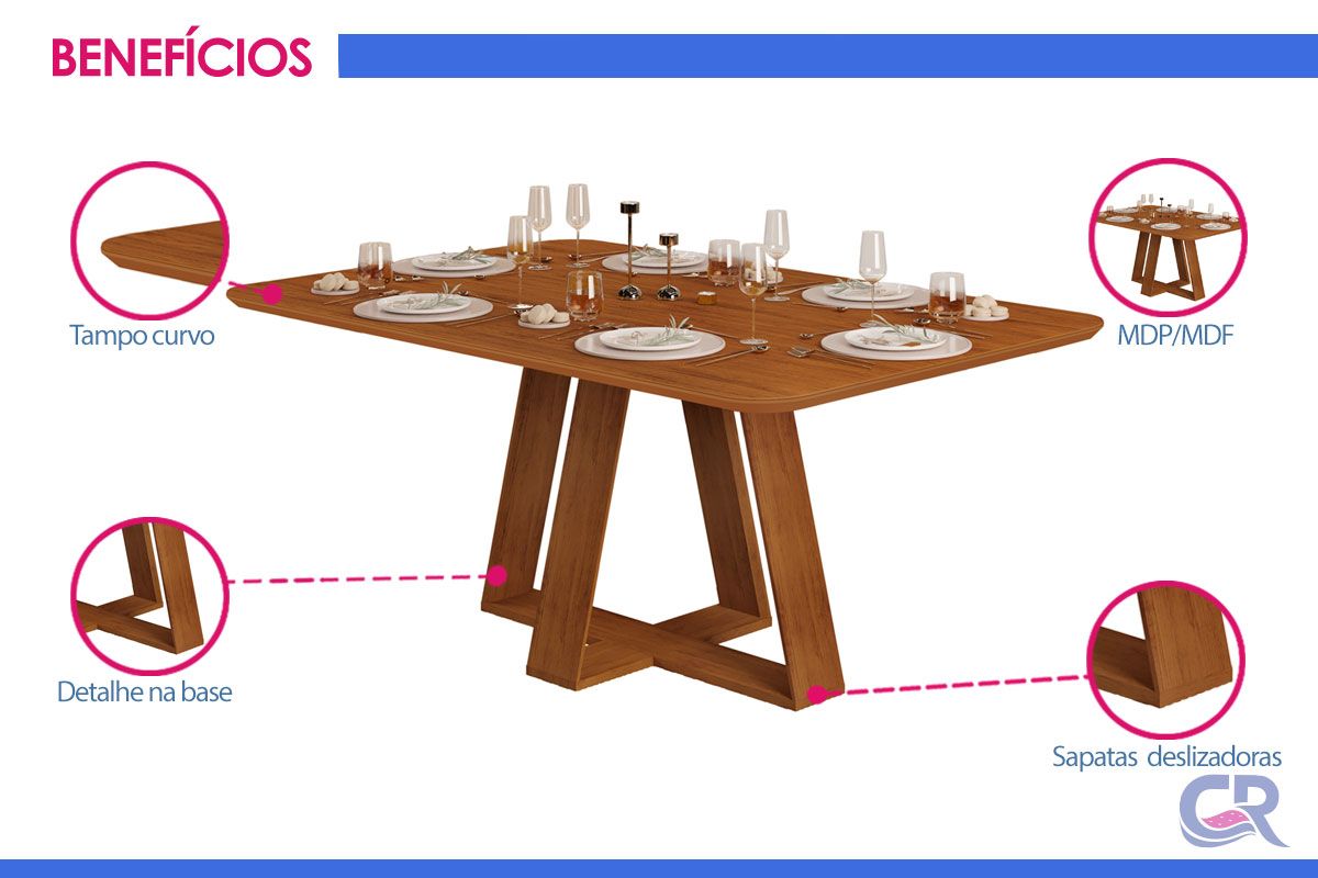 Mesa Jantar Celeste c/Tampo MDF Curvo 170cm DJ Móveis