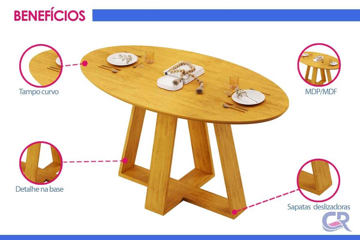 Mesa Jantar Celeste c/Tampo MDF Curvo 183cm DJ Móveis