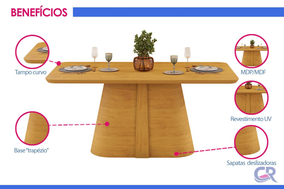 Mesa Jantar Ryze c/Tampo MDF Curvo 170x90cm DJ Móveis