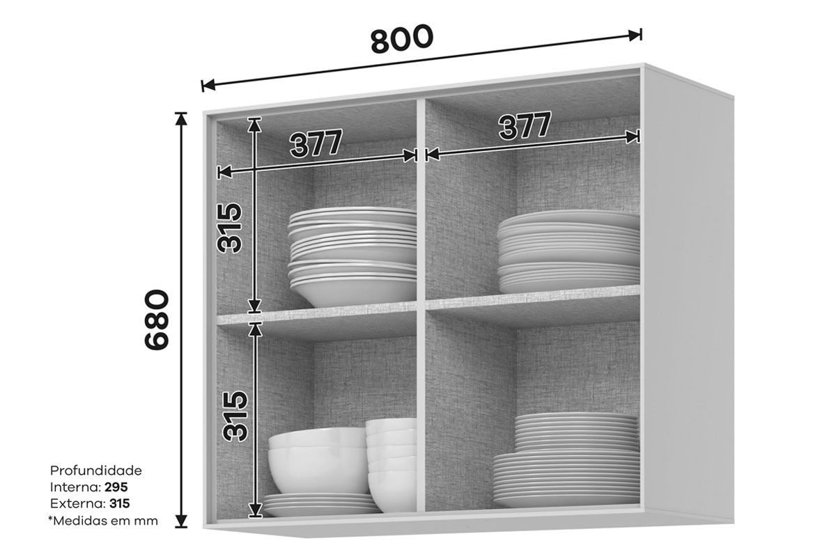 Armário Aéreo Cozinha Henn Fineze 2 Portas c/Vidro 80cm