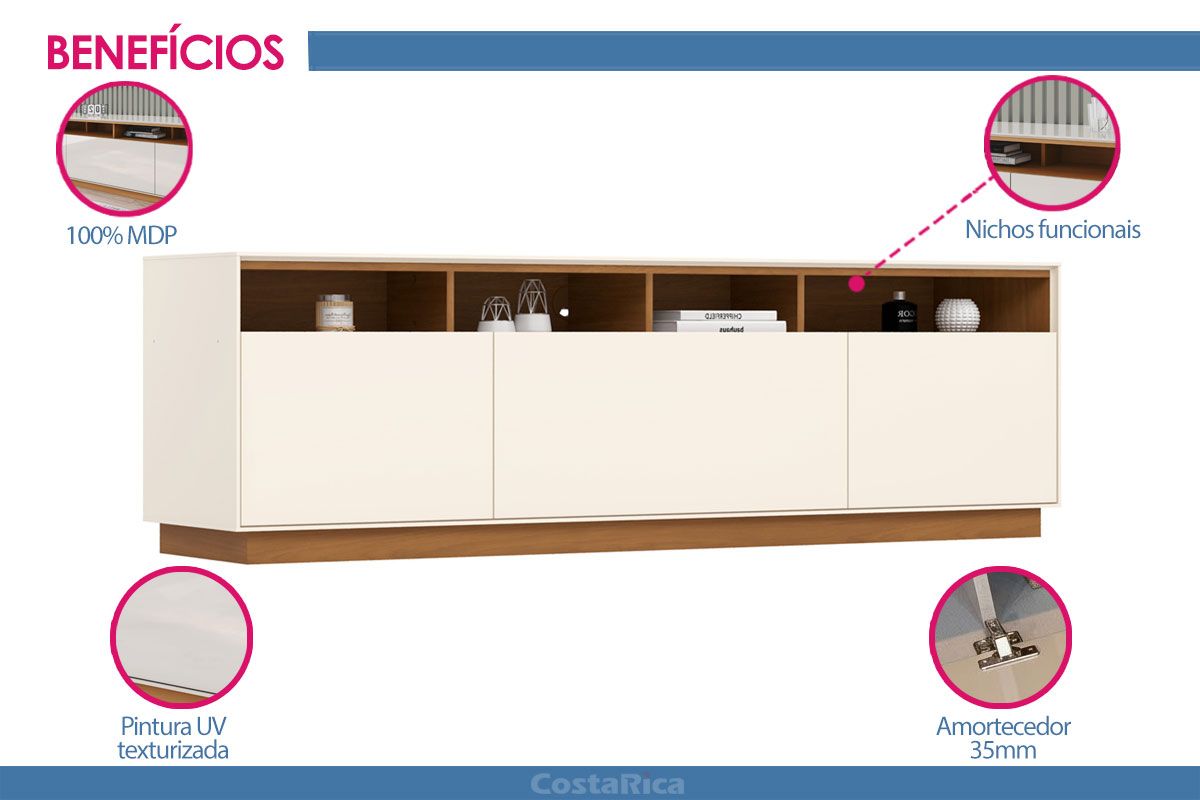 Rack Bancada p/ TV Orion 3 Portas 180cm p/ 80 Polegadas Henn