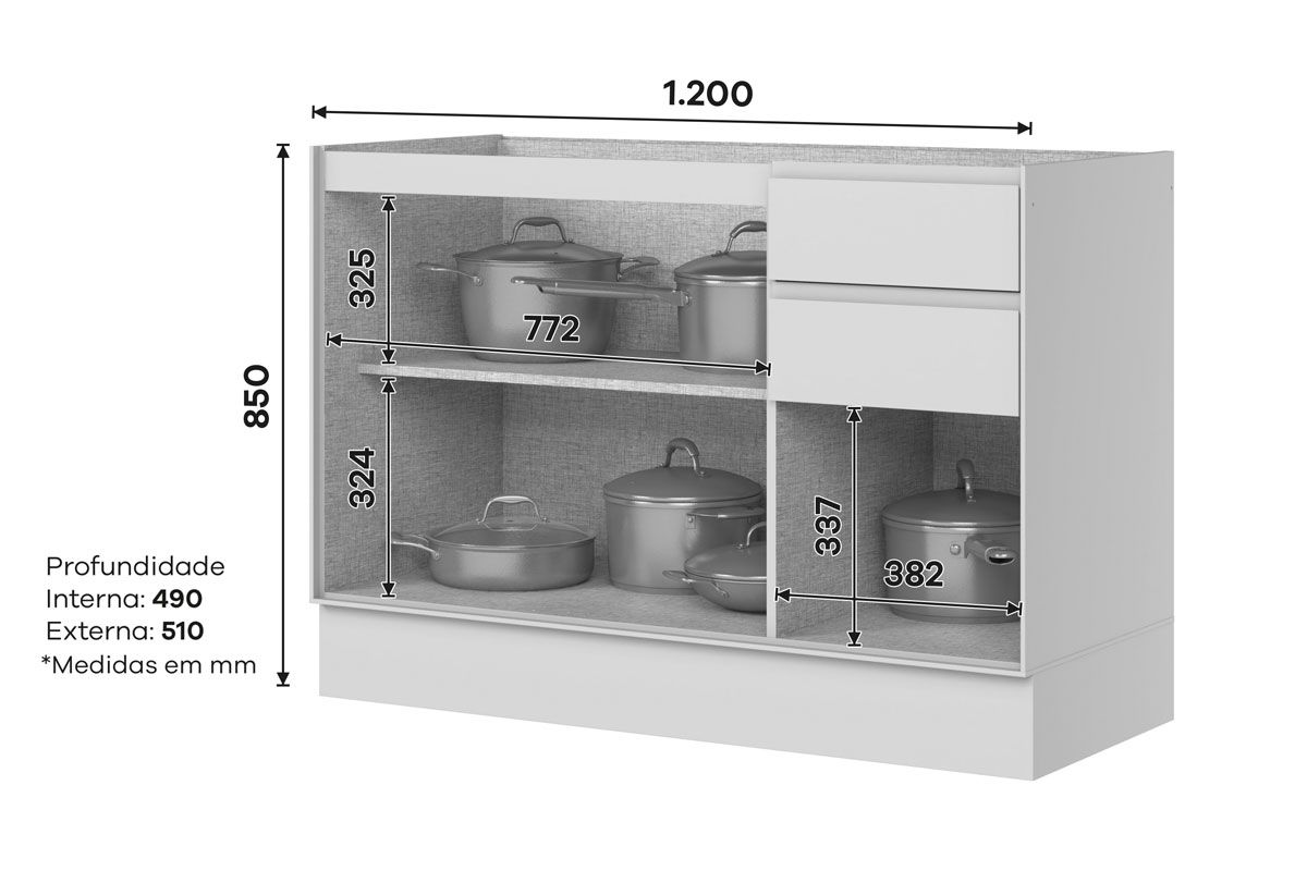 Balcão Cozinha Henn Fineze 3 Portas 2 Gavetas c/Tampo
