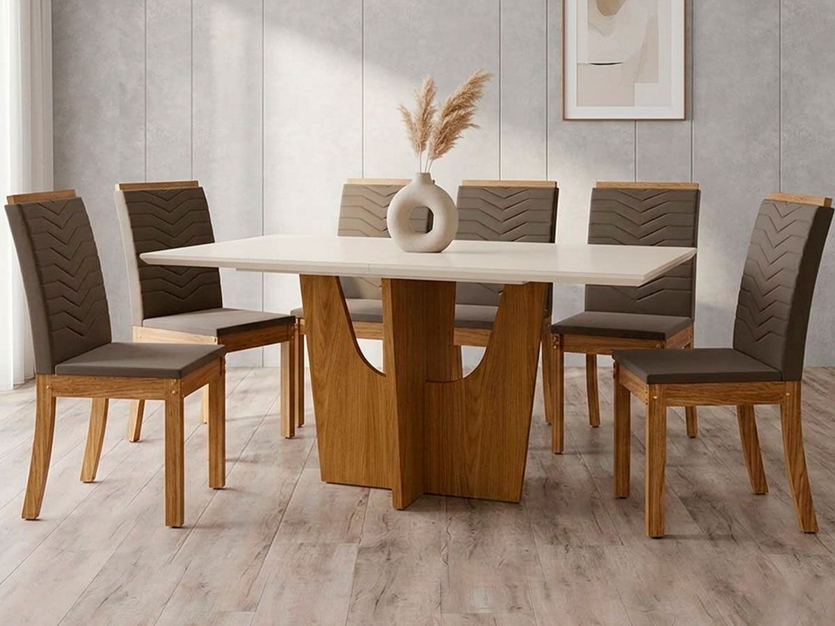 Mesa Jantar Vértice c/Tampo Vidro 6 Cadeiras Henn