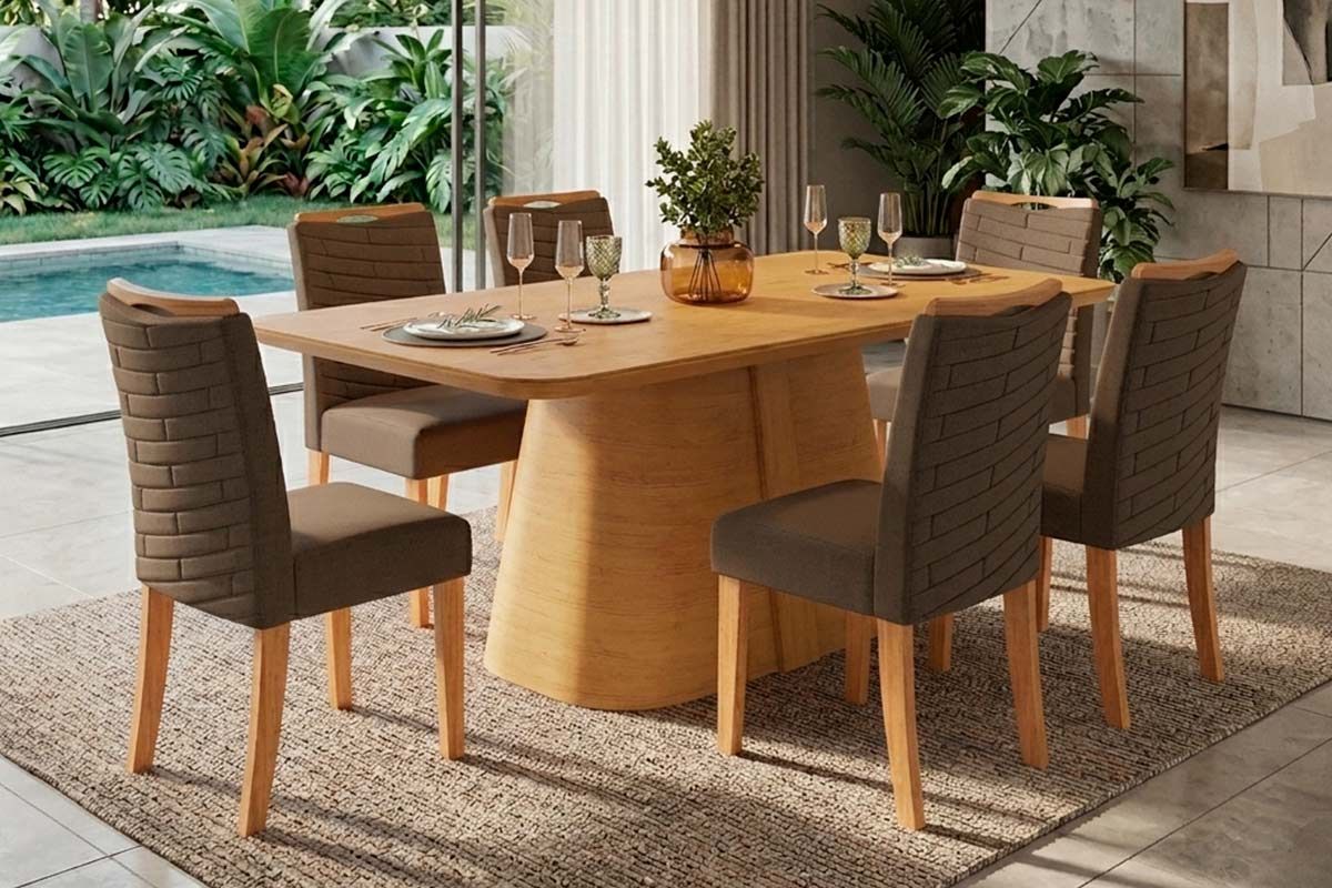 Sala Jantar Mesa Ryze c/Tampo MDF Curvo 170x90cm e 6 Cadeiras Julia - DJ Móveis