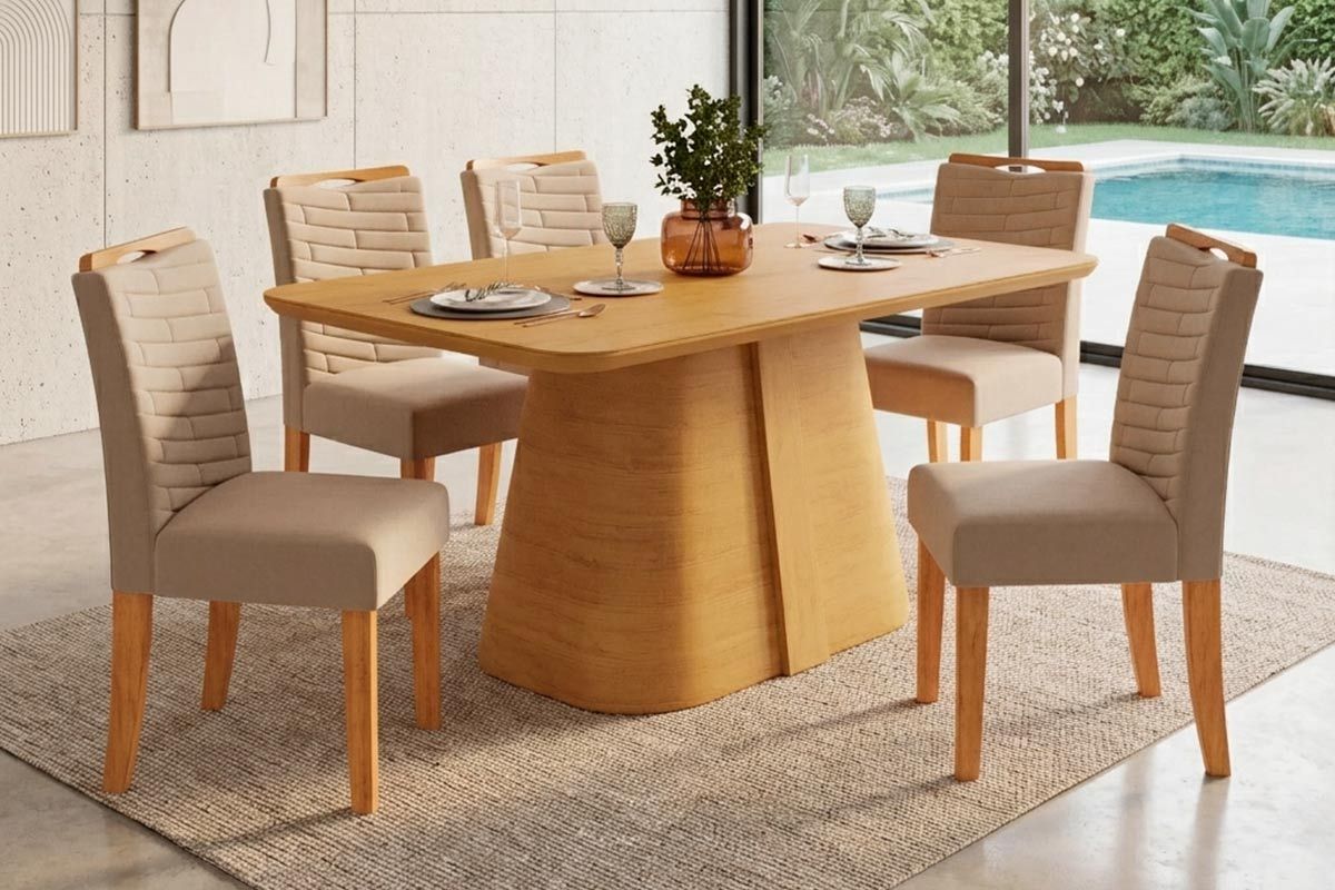 Sala Jantar Mesa Ryze c/Tampo MDF Curvo 170x90cm e 6 Cadeiras Julia - DJ Móveis