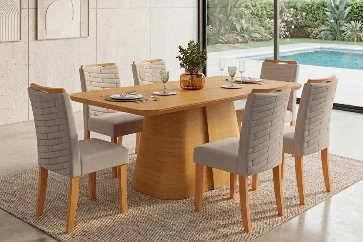 Sala Jantar Mesa Ryze c/Tampo MDF Curvo 170x90cm e 6 Cadeiras Julia - DJ Móveis