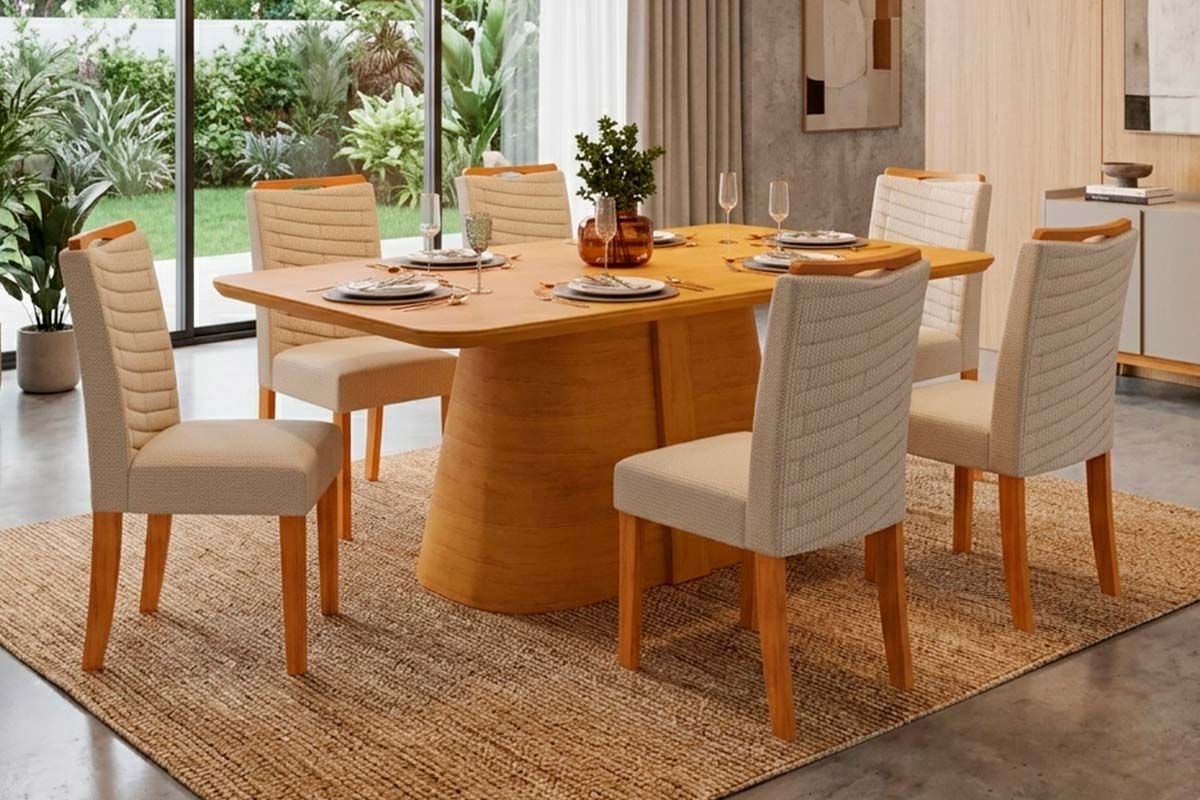 Sala Jantar Mesa Ryze c/Tampo MDF Curvo 170x90cm e 6 Cadeiras Julia - DJ Móveis