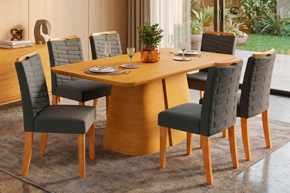 Sala Jantar Mesa Ryze c/Tampo MDF Curvo 170x90cm e 6 Cadeiras Julia - DJ Móveis
