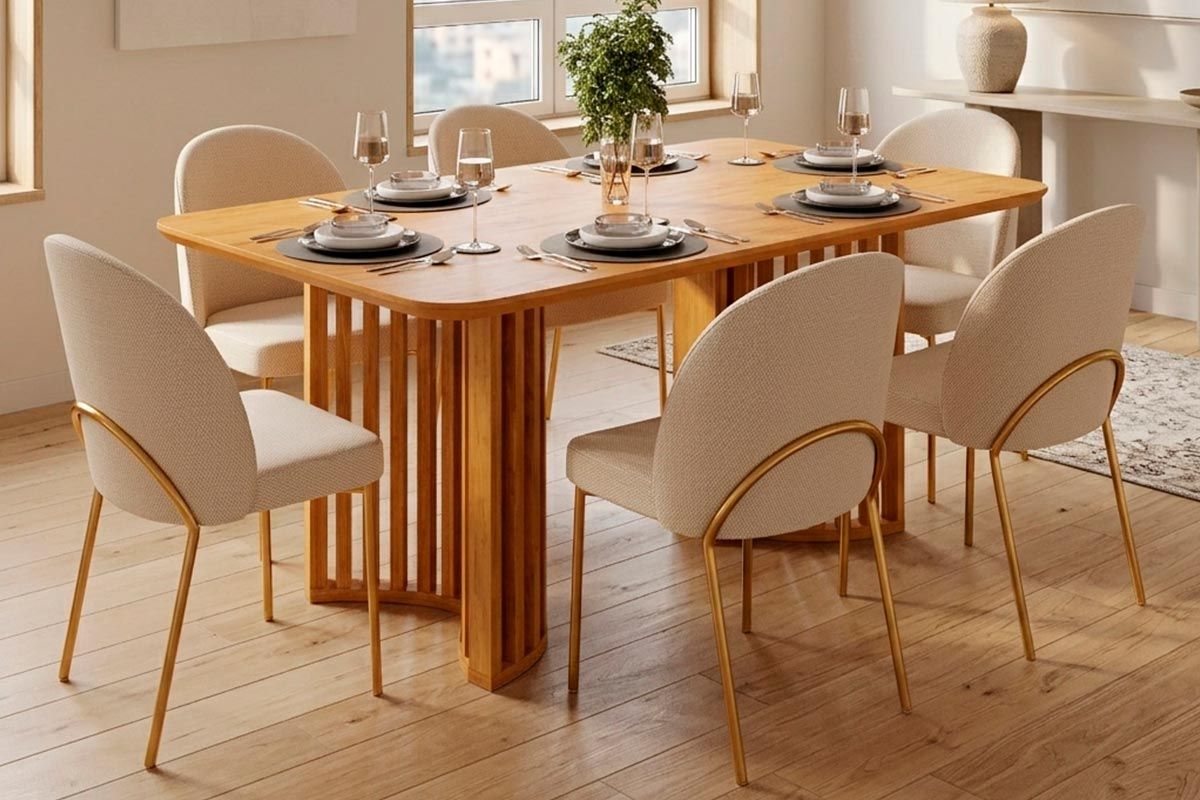 Sala Jantar Mesa Luma c/Tampo MDF Curvo 170x90cm e 6 Cadeiras Lizy - DJ Móveis