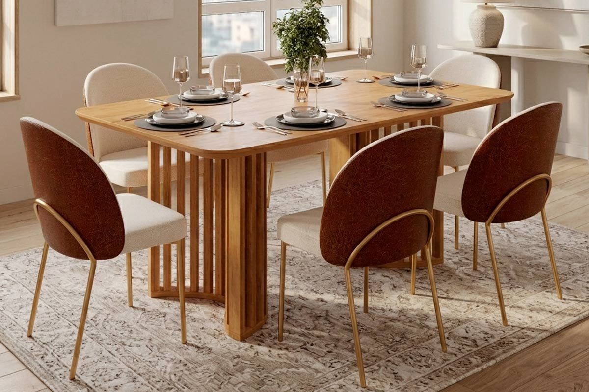 Sala Jantar Mesa Luma c/Tampo MDF Curvo 170x90cm e 6 Cadeiras Lizy - DJ Móveis