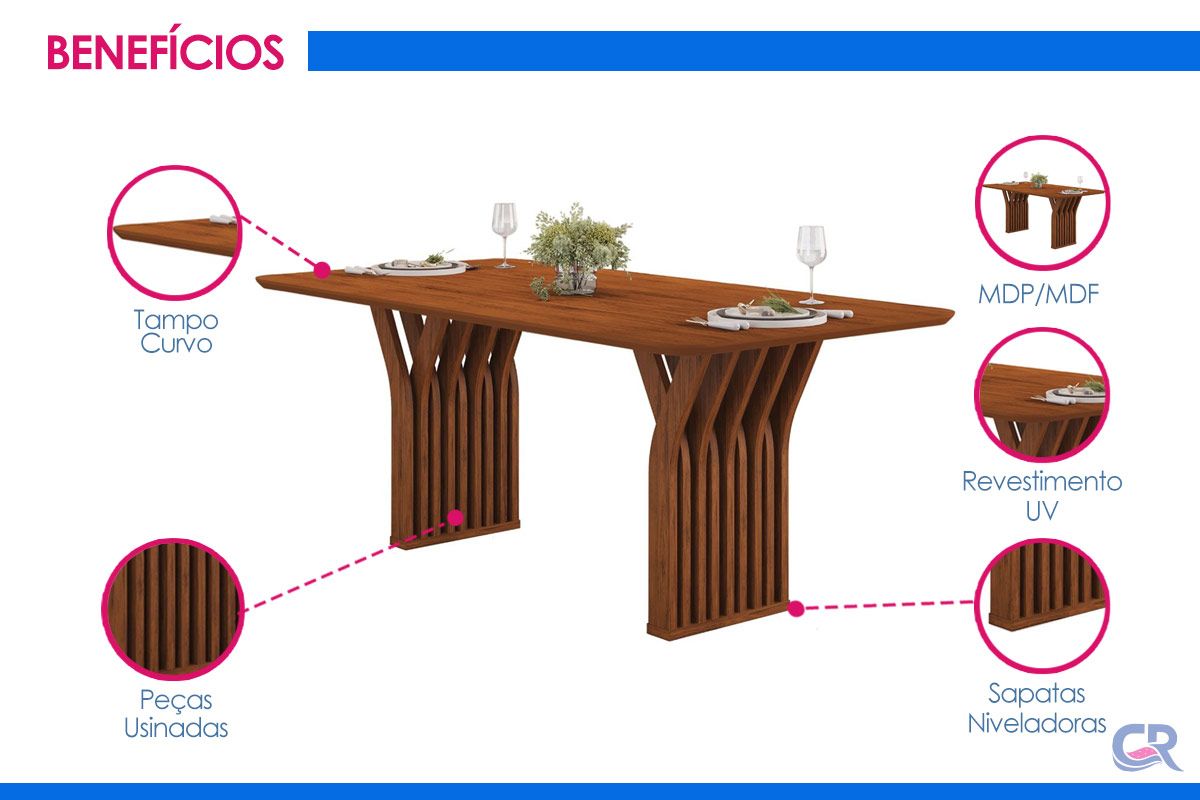 Sala Jantar Mesa Yara c/Tampo MDF Curvo 170x100cm e 6 Cadeiras Lizy - DJ Móveis