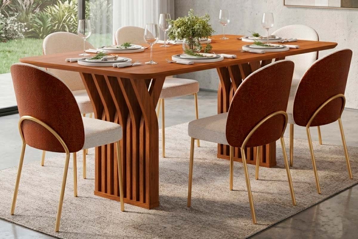 Sala Jantar Mesa Yara c/Tampo MDF Curvo 170x100cm e 6 Cadeiras Lizy - DJ Móveis