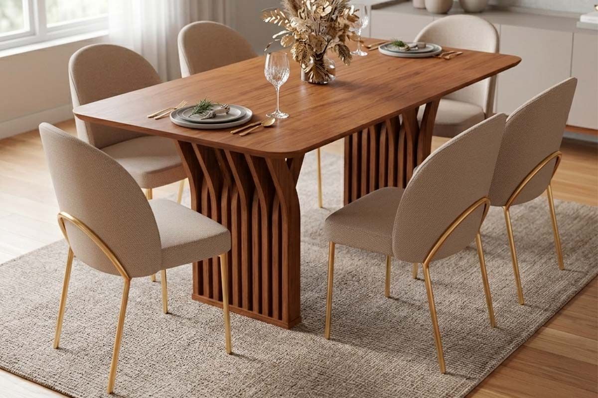 Sala Jantar Mesa Yara c/Tampo MDF Curvo 170x100cm e 6 Cadeiras Lizy - DJ Móveis