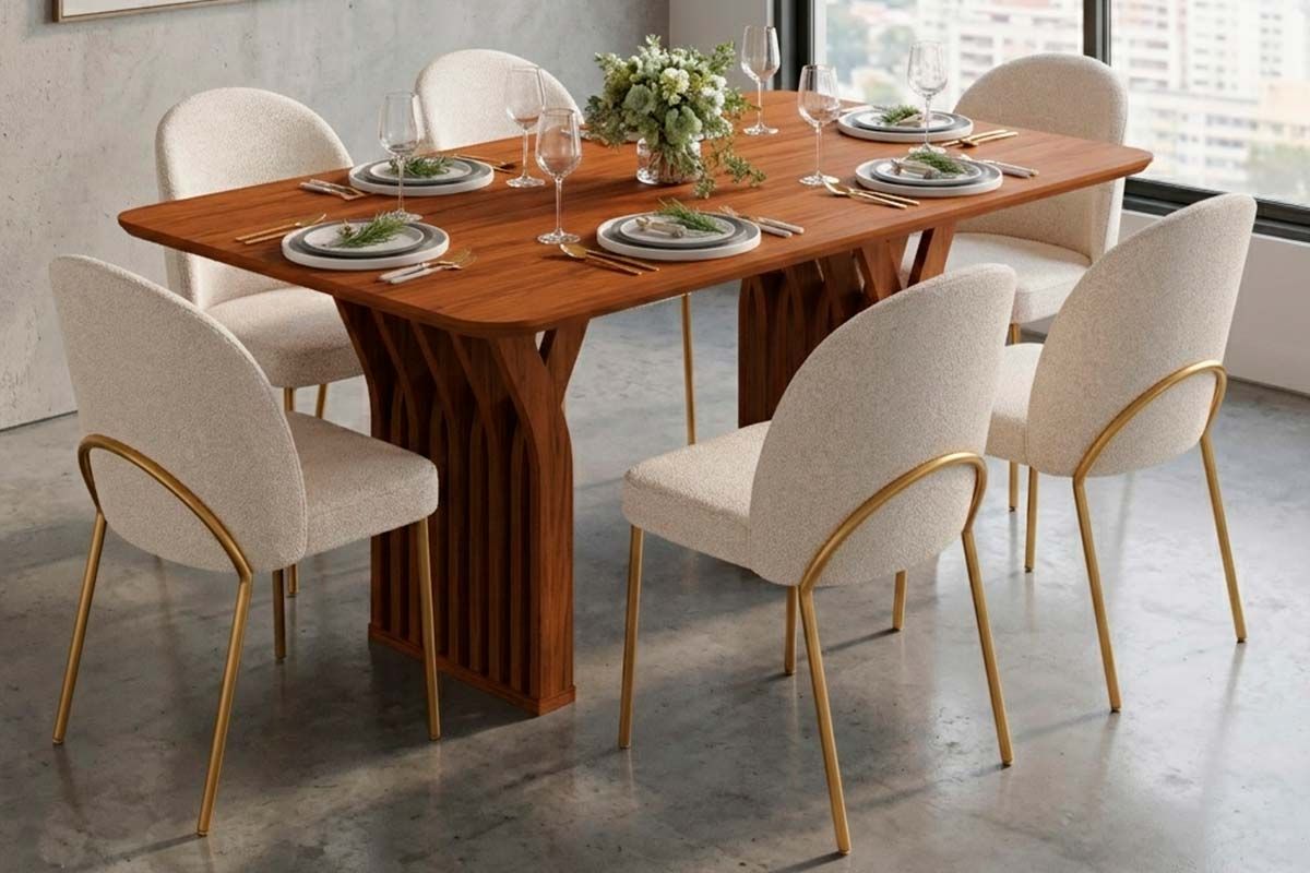 Sala Jantar Mesa Yara c/Tampo MDF Curvo 170x100cm e 6 Cadeiras Lizy - DJ Móveis