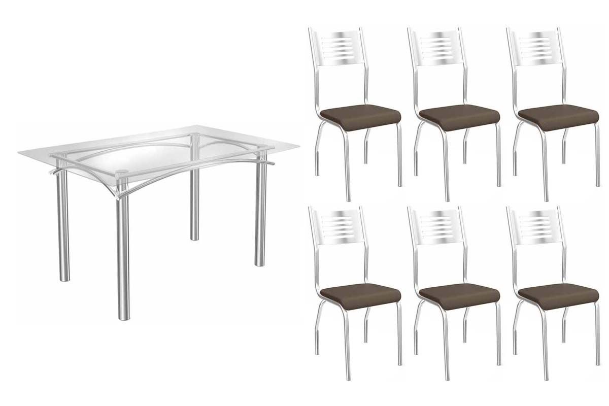 Sala de Jantar Completa Elba Aço c/ Tampo de Vidro 150x80cm e 6 Cadeiras Munique Cromadas - Kappesberg