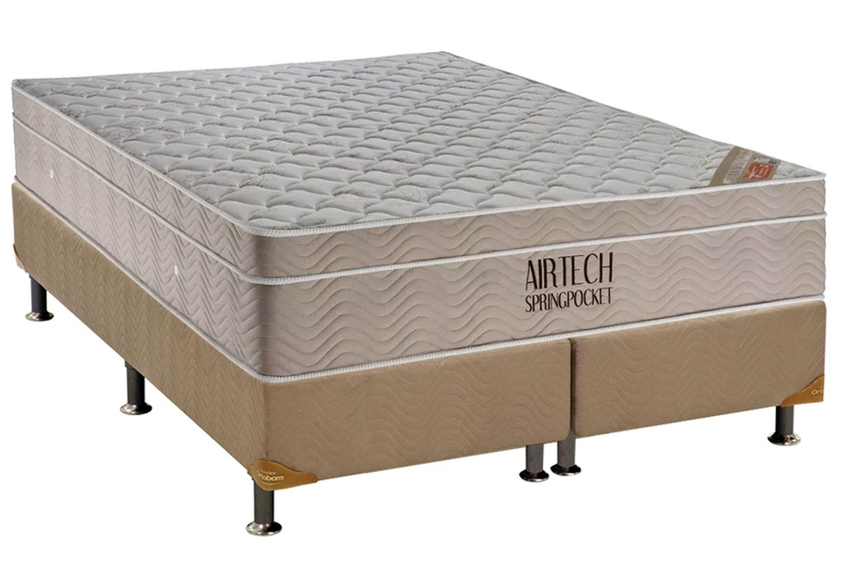 Cama Box: Colchão Molas Ensacadas Ortobom SuperPocket Fort Airtech Spring + Base CRC Suede Clean