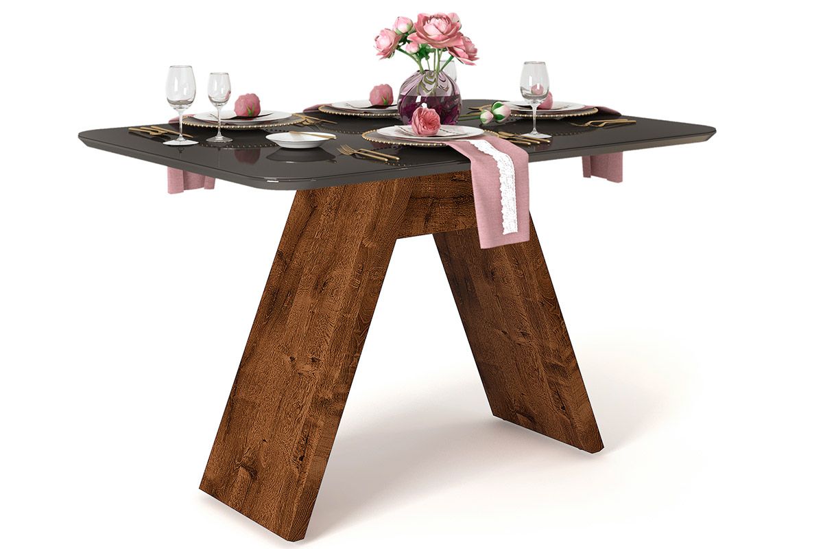 Mesa Jantar Fit c/Tampo Madeirado c/Vidro Curvo 136x90cm DJ Móveis