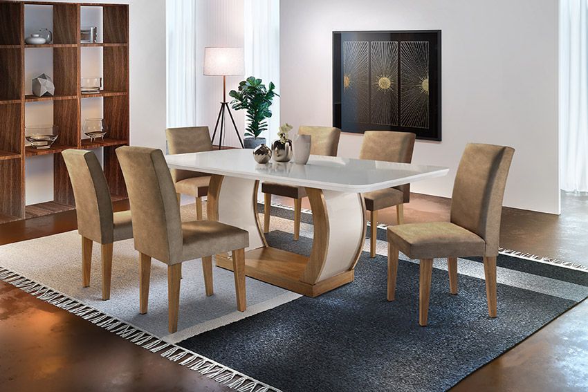 Sala de Jantar Completa Jade Tampo Madeirado c/ Vidro Canto Curvo 180x90cm e 6 Cadeiras Grécia - Rufato