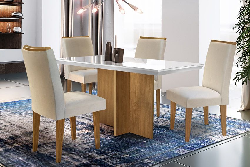 Sala de Jantar Completa Berlim Tampo Madeirado c/ Vidro Canto Reto 120x80cm Canto Reto e 4 Cadeiras Lunara - Rufato