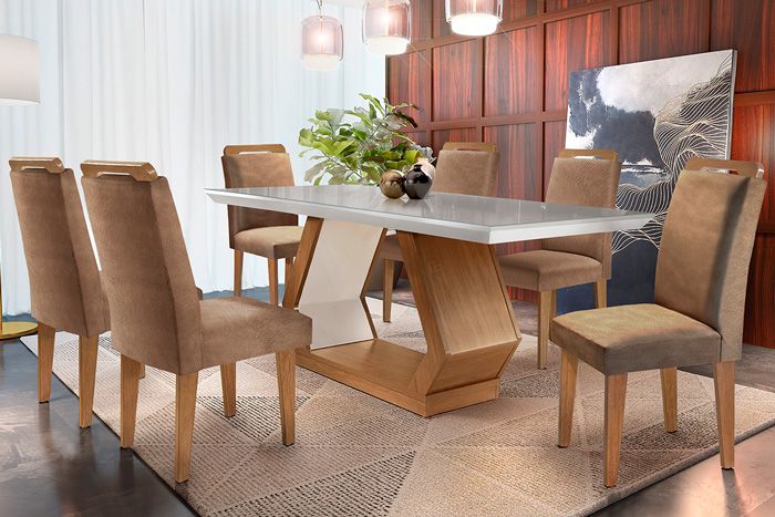 Sala de Jantar Completa Alvorada Tampo Madeirado c/ Vidro Reto 180x90cm e 6 Cadeiras Athenas - Rufato