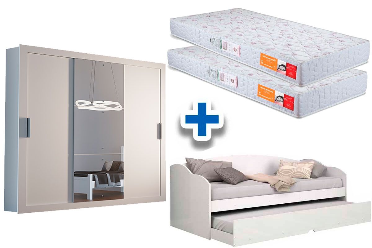 Cama Sofá Funny II c/Auxiliar + 2 Colchões Orthocrin + Guarda Roupa Veneza