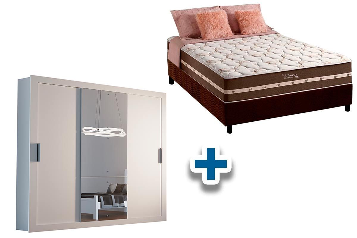 Cama Box Casal+Colchão Classic+Guarda Roupa Veneza Luxo