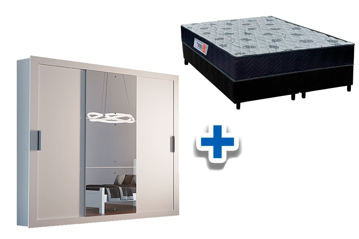 Cama Box Casal + Colchão Foggia Sognia + Guarda Roupa Veneza Luxo