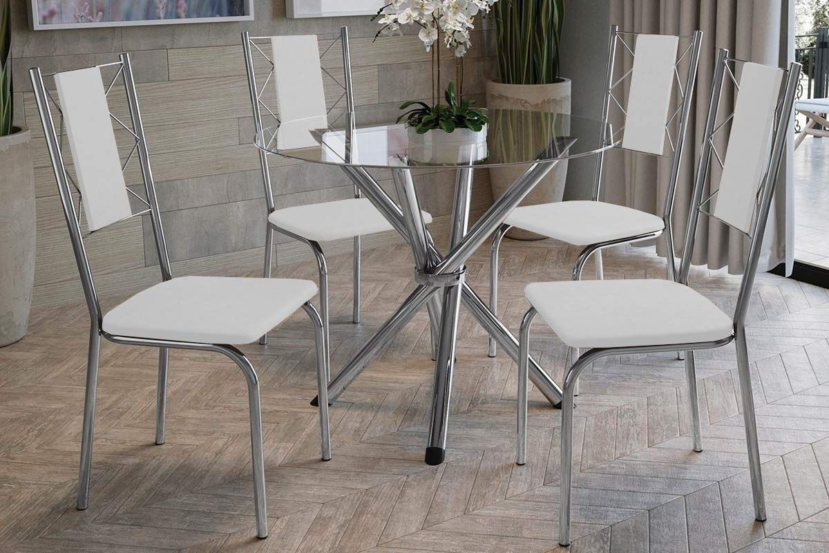 Sala Jantar Mesa Volga c/Tampo de Vidro 95cm + 4 Cadeiras Lisboa - Kappesberg