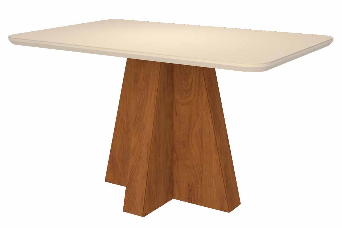 Mesa Jantar Maitê c/Tampo Madeirado c/Vidro Canto Curvo 130X80cm Cinamomo/Off White Cimol