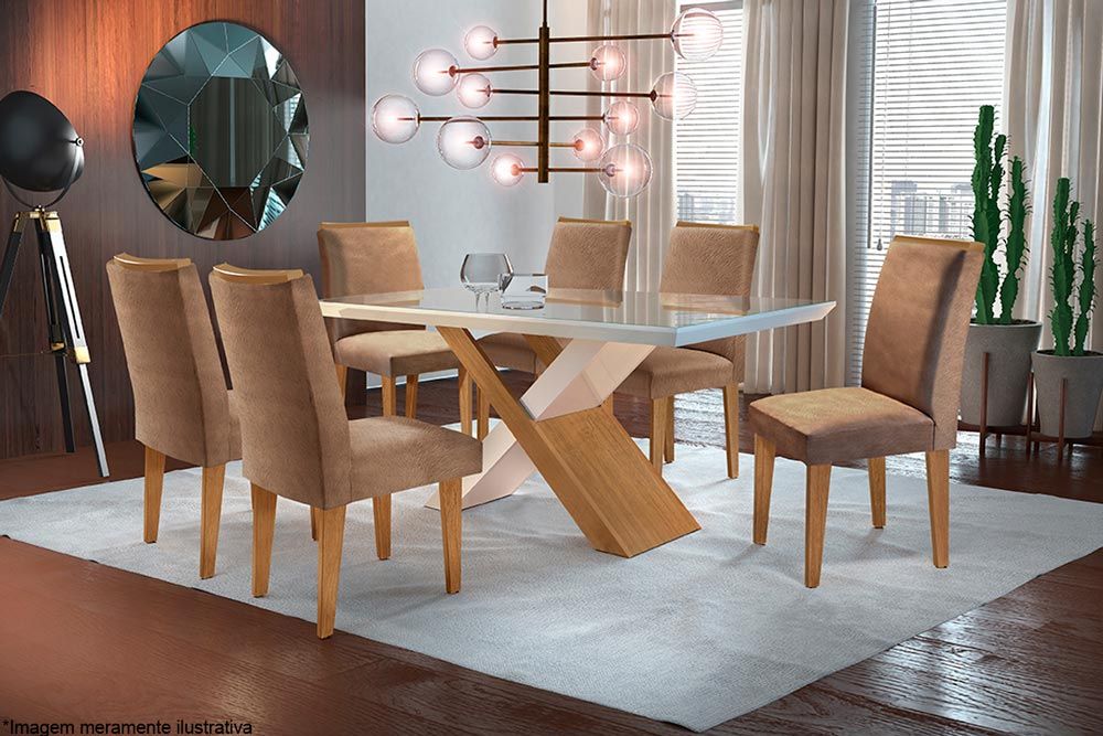 Sala de Jantar Completa Imperatriz Tampo Madeirado c/ Vidro Canto Reto 180x90cm e 6 Cadeiras Lunara - Rufato